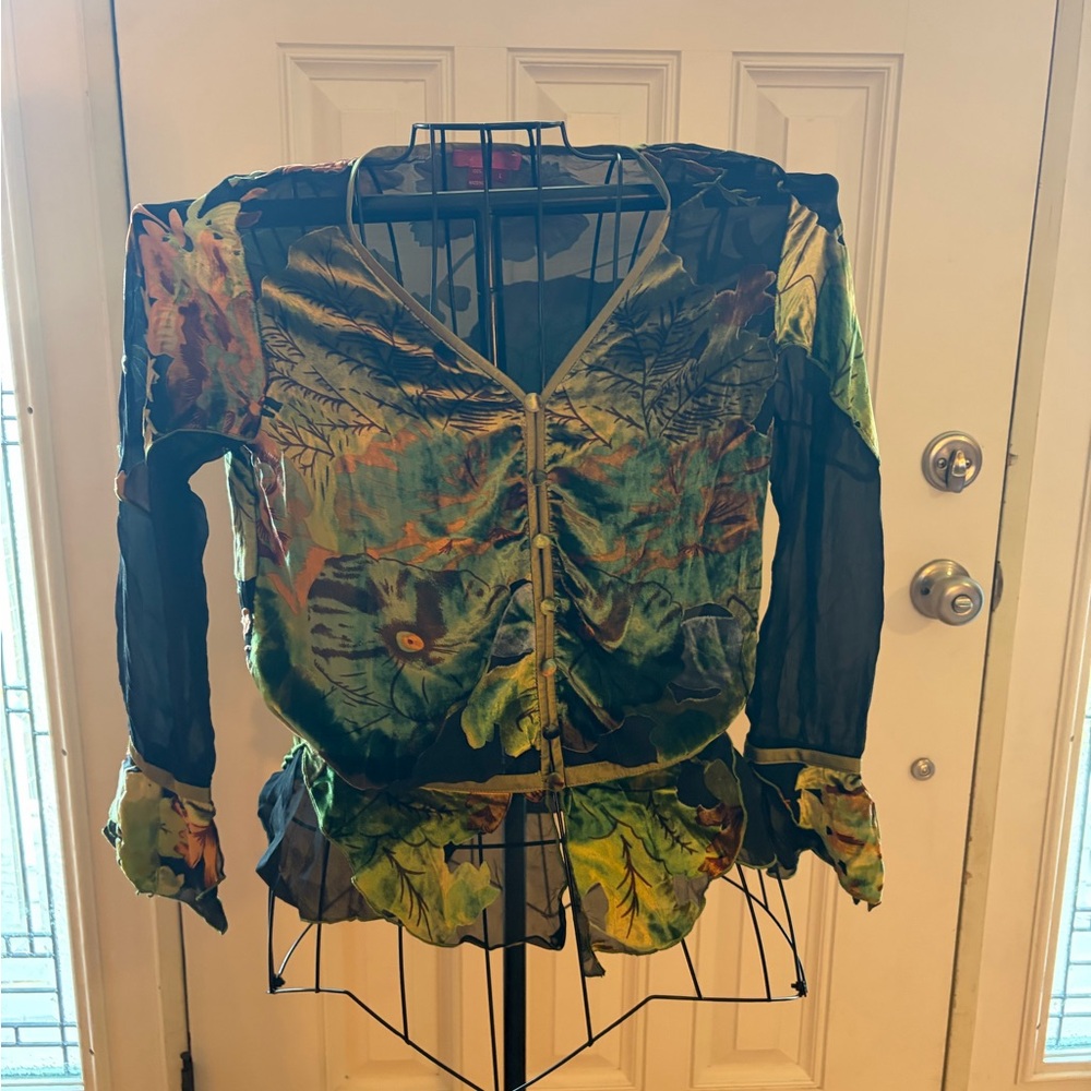 Mary Mona silk blouse iridescent green buttondown longsleeve mesh arms shoulder